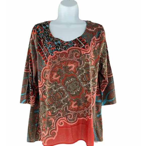 French Blue Shirt Womens XL Paisley 3/4 Sleeve Round Neck Casual Preppy Pullover - Picture 1 of 6